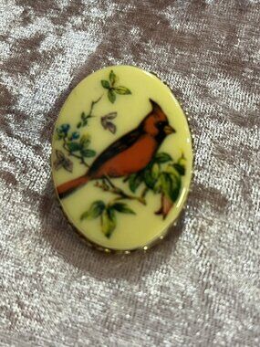 Unbranded Size OSFM Vintage Cardinal Bird Brooch Pin with Floral Design on Yello